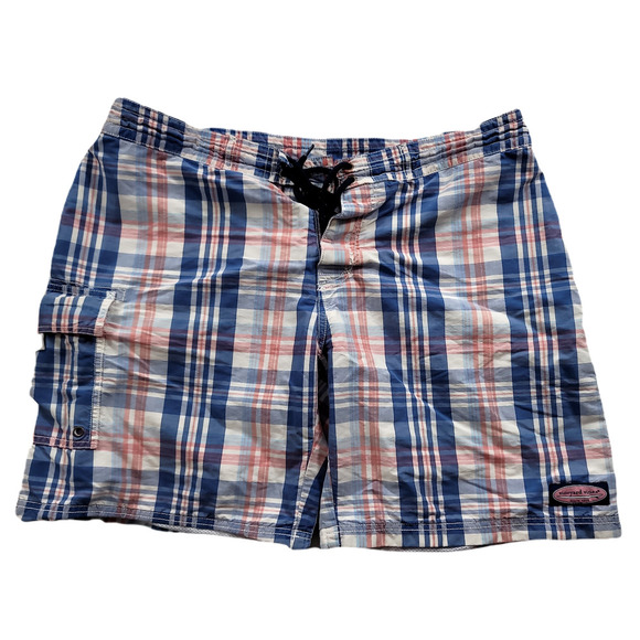 Vineyard Vines Swim Shorts Mens 34 Blue‎ Red Plaid Pockets Beach Trunks - Picture 1 of 7